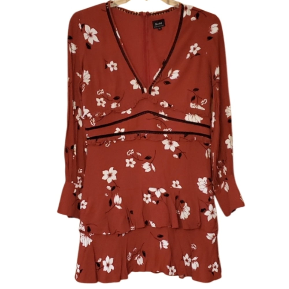 Bardot Red Long‎ Sleeve Floral Ruffle Mini Dress Size 10 Large